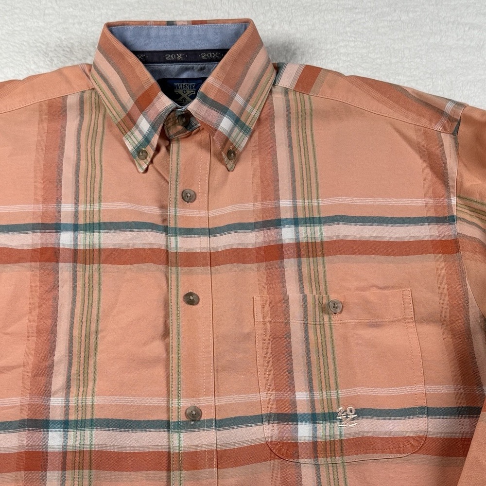 Wrangler TwentyX Mens Peach Plaid Long Sleeve Button Up Dress Shirt Size Medium‎